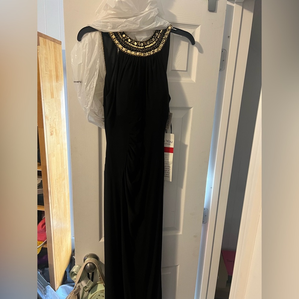 Xscape Black Maxi Dress with Gold Accents